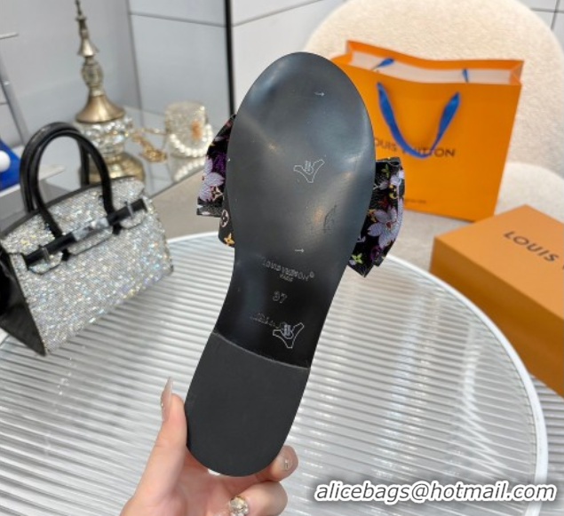 Luxury Louis Vuitton LV x TM Lily Flat Slides Sandal with Bow in Cherry Bloom Print Monogram Canvas Black 1AGVYB