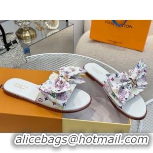 Fashion Louis Vuitton LV x TM Lily Flat Slides Sandal with Bow in Cherry Bloom Print Monogram Canvas White 1AGVYB