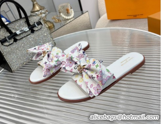 Fashion Louis Vuitton LV x TM Lily Flat Slides Sandal with Bow in Cherry Bloom Print Monogram Canvas White 1AGVYB