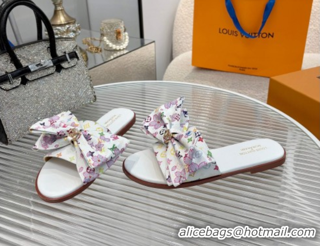 Fashion Louis Vuitton LV x TM Lily Flat Slides Sandal with Bow in Cherry Bloom Print Monogram Canvas White 1AGVYB