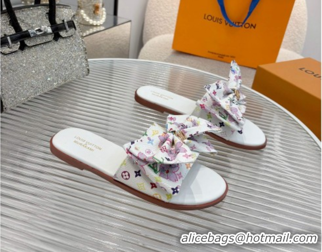 Fashion Louis Vuitton LV x TM Lily Flat Slides Sandal with Bow in Cherry Bloom Print Monogram Canvas White 1AGVYB