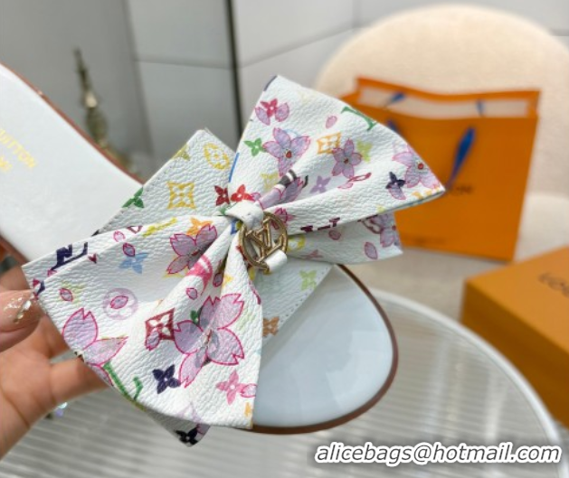 Fashion Louis Vuitton LV x TM Lily Flat Slides Sandal with Bow in Cherry Bloom Print Monogram Canvas White 1AGVYB