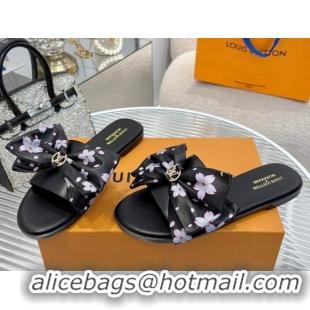 Best Price Louis Vuitton LV x TM Lily Flat Slides Sandal with Bow in Cherry Bloom Print Leather Black 1AGVYB