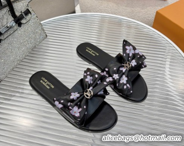 Best Price Louis Vuitton LV x TM Lily Flat Slides Sandal with Bow in Cherry Bloom Print Leather Black 1AGVYB