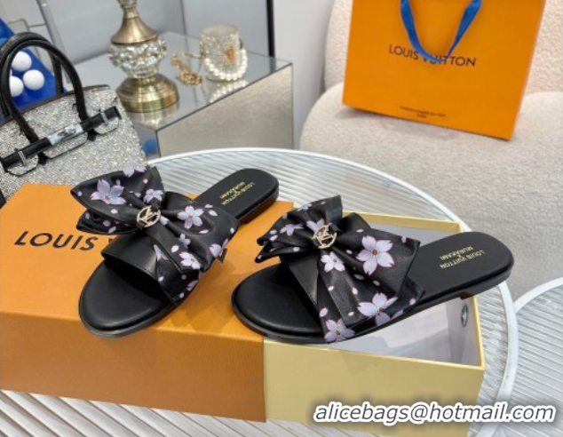 Best Price Louis Vuitton LV x TM Lily Flat Slides Sandal with Bow in Cherry Bloom Print Leather Black 1AGVYB