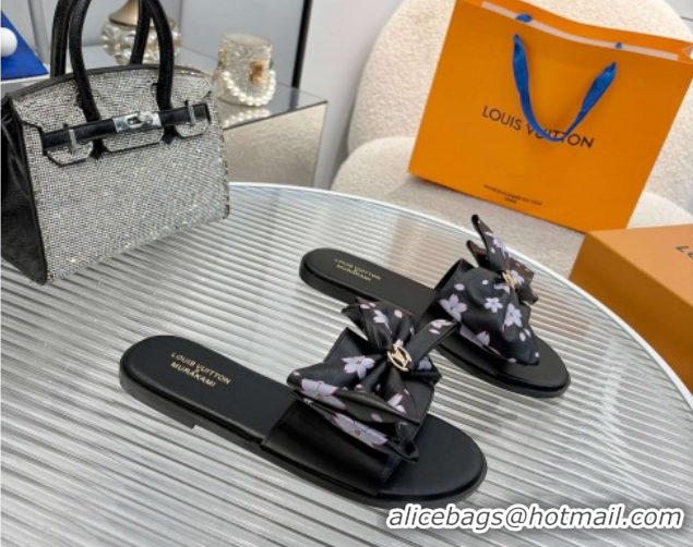 Best Price Louis Vuitton LV x TM Lily Flat Slides Sandal with Bow in Cherry Bloom Print Leather Black 1AGVYB