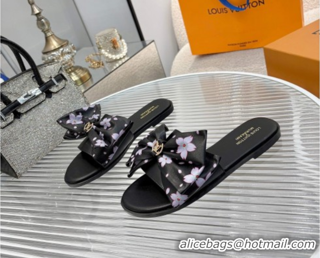 Best Price Louis Vuitton LV x TM Lily Flat Slides Sandal with Bow in Cherry Bloom Print Leather Black 1AGVYB