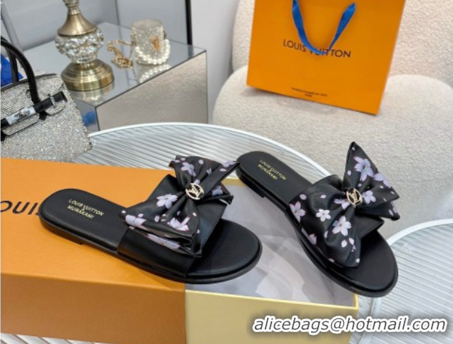 Best Price Louis Vuitton LV x TM Lily Flat Slides Sandal with Bow in Cherry Bloom Print Leather Black 1AGVYB