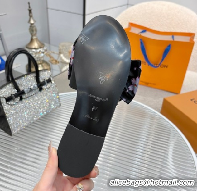 Best Price Louis Vuitton LV x TM Lily Flat Slides Sandal with Bow in Cherry Bloom Print Leather Black 1AGVYB