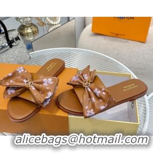 Unique Style Louis Vuitton LV x TM Lily Flat Slides Sandal with Bow in Cherry Bloom Print Leather Brown 1AGVYB