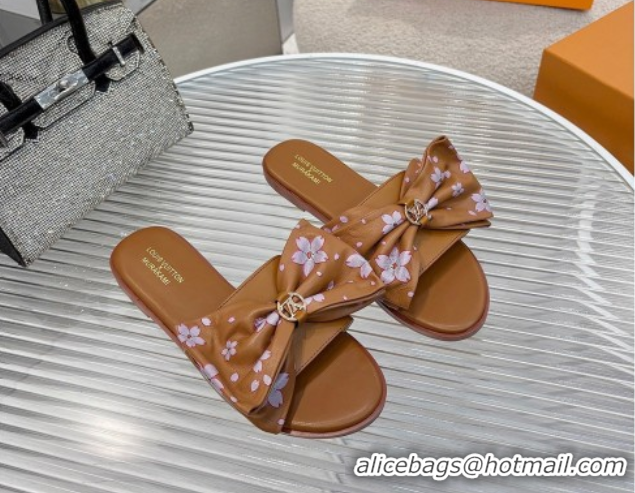 Unique Style Louis Vuitton LV x TM Lily Flat Slides Sandal with Bow in Cherry Bloom Print Leather Brown 1AGVYB