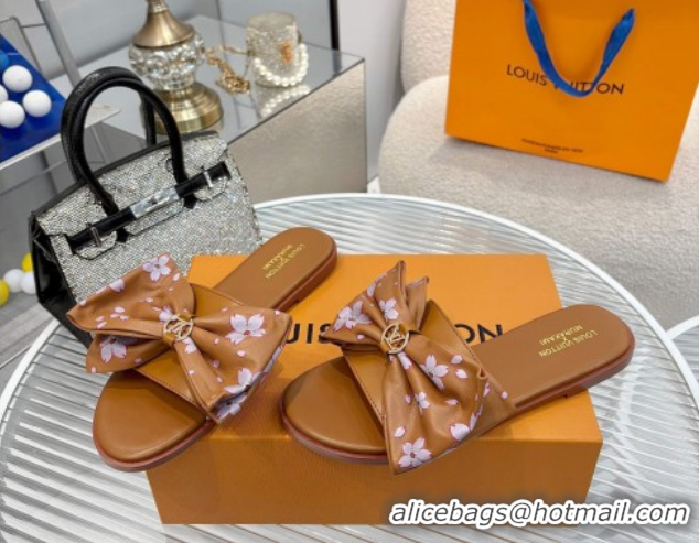 Unique Style Louis Vuitton LV x TM Lily Flat Slides Sandal with Bow in Cherry Bloom Print Leather Brown 1AGVYB