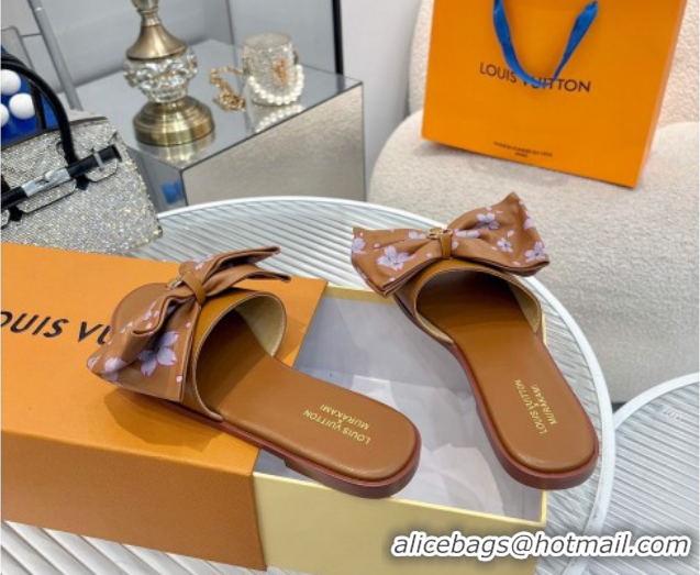 Unique Style Louis Vuitton LV x TM Lily Flat Slides Sandal with Bow in Cherry Bloom Print Leather Brown 1AGVYB