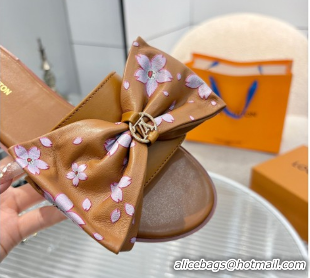 Unique Style Louis Vuitton LV x TM Lily Flat Slides Sandal with Bow in Cherry Bloom Print Leather Brown 1AGVYB
