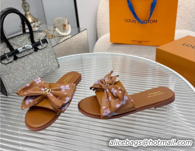 Unique Style Louis Vuitton LV x TM Lily Flat Slides Sandal with Bow in Cherry Bloom Print Leather Brown 1AGVYB