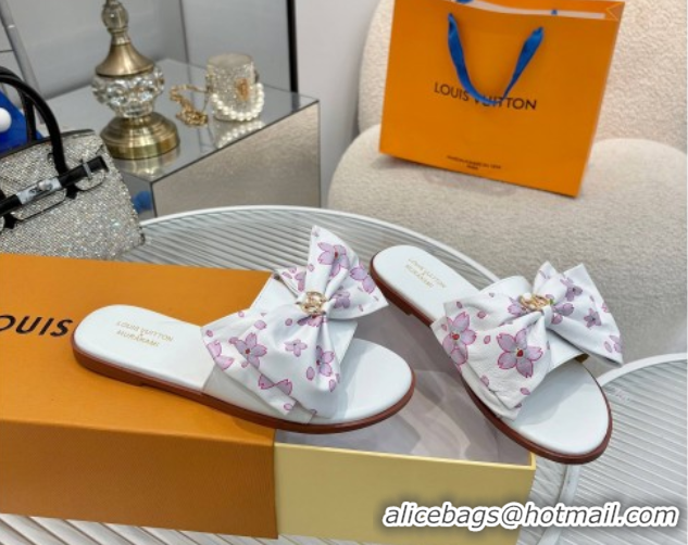 Purchase Louis Vuitton LV x TM Lily Flat Slides Sandal with Bow in Cherry Bloom Print Leather White 2025 1AGVYB