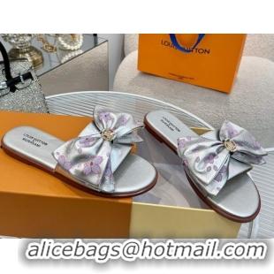 Good Looking Louis Vuitton LV x TM Lily Flat Slides Sandal with Bow in Cherry Bloom Print Leather Silver 2025 1AGVYB