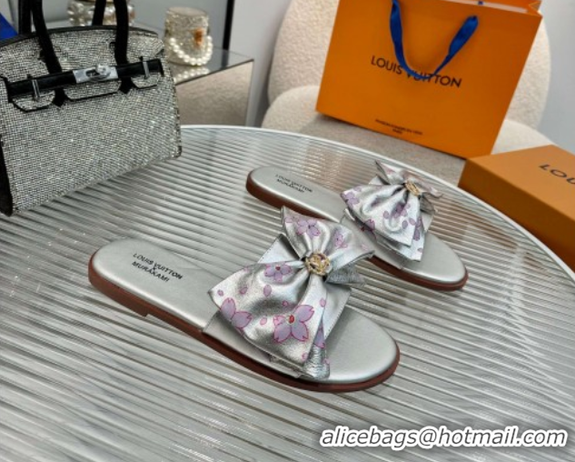 Good Looking Louis Vuitton LV x TM Lily Flat Slides Sandal with Bow in Cherry Bloom Print Leather Silver 2025 1AGVYB