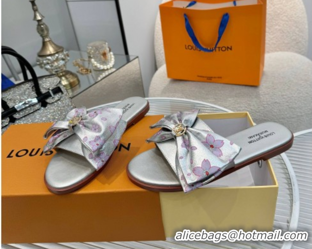 Good Looking Louis Vuitton LV x TM Lily Flat Slides Sandal with Bow in Cherry Bloom Print Leather Silver 2025 1AGVYB