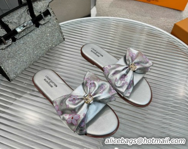 Good Looking Louis Vuitton LV x TM Lily Flat Slides Sandal with Bow in Cherry Bloom Print Leather Silver 2025 1AGVYB