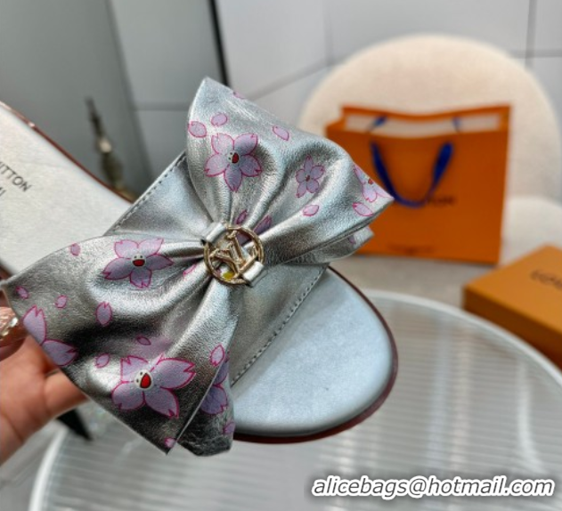Good Looking Louis Vuitton LV x TM Lily Flat Slides Sandal with Bow in Cherry Bloom Print Leather Silver 2025 1AGVYB