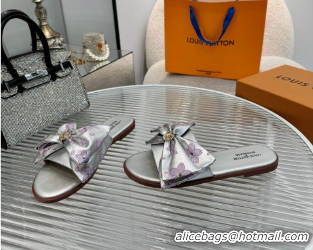 Good Looking Louis Vuitton LV x TM Lily Flat Slides Sandal with Bow in Cherry Bloom Print Leather Silver 2025 1AGVYB