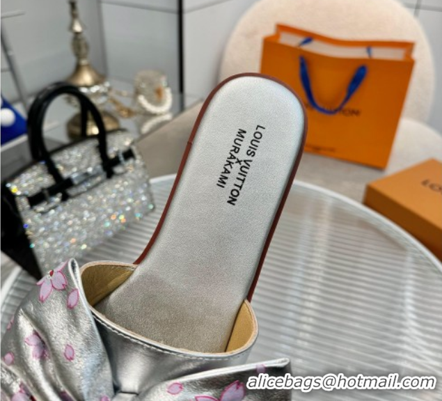 Good Looking Louis Vuitton LV x TM Lily Flat Slides Sandal with Bow in Cherry Bloom Print Leather Silver 2025 1AGVYB
