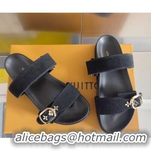 Good Quality Louis Vuitton Bom Dia Flat Comfort Slides Sandal in Suede with Bloom Buckle Black 2025 1AGXTN