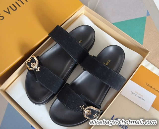 Good Quality Louis Vuitton Bom Dia Flat Comfort Slides Sandal in Suede with Bloom Buckle Black 2025 1AGXTN