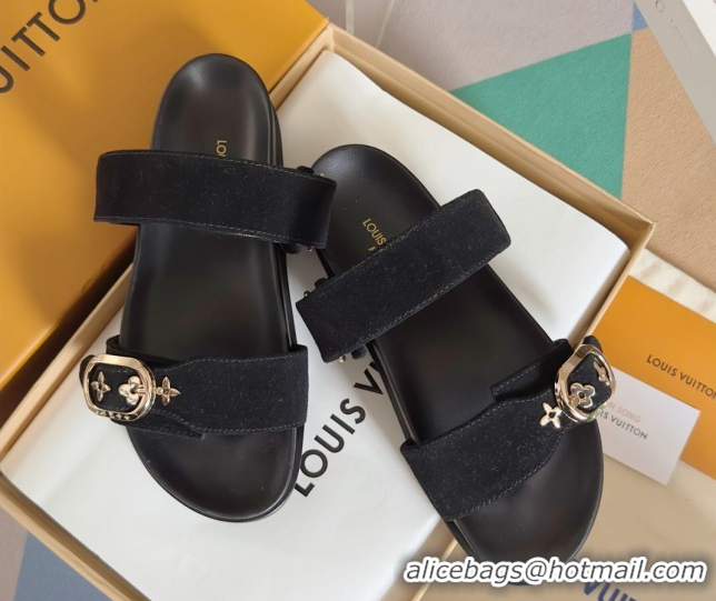 Good Quality Louis Vuitton Bom Dia Flat Comfort Slides Sandal in Suede with Bloom Buckle Black 2025 1AGXTN