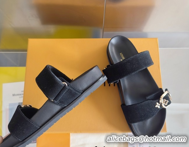 Good Quality Louis Vuitton Bom Dia Flat Comfort Slides Sandal in Suede with Bloom Buckle Black 2025 1AGXTN