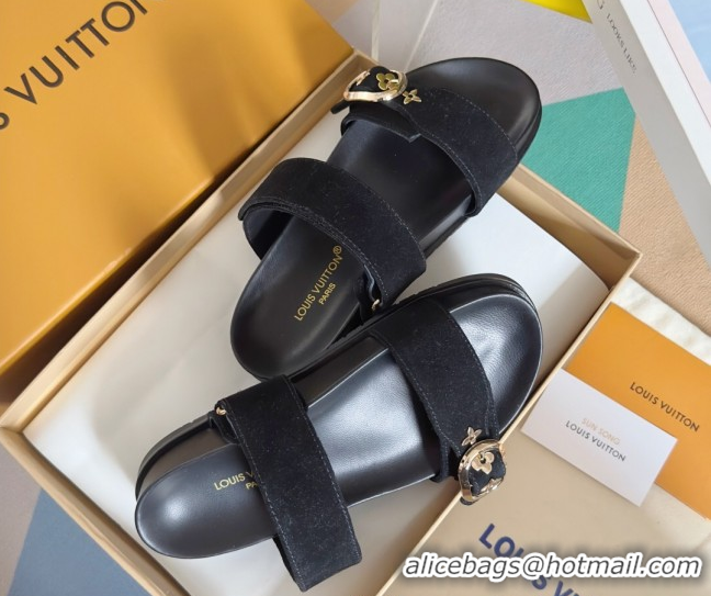 Good Quality Louis Vuitton Bom Dia Flat Comfort Slides Sandal in Suede with Bloom Buckle Black 2025 1AGXTN