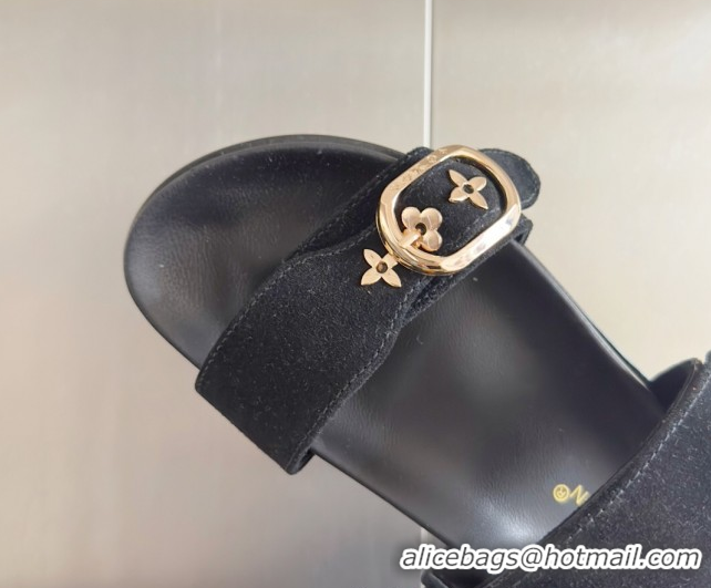 Good Quality Louis Vuitton Bom Dia Flat Comfort Slides Sandal in Suede with Bloom Buckle Black 2025 1AGXTN