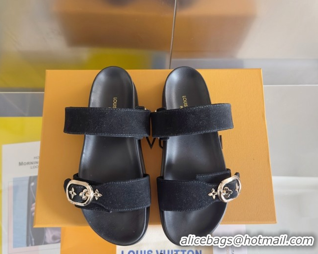 Good Quality Louis Vuitton Bom Dia Flat Comfort Slides Sandal in Suede with Bloom Buckle Black 2025 1AGXTN