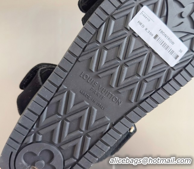 Good Quality Louis Vuitton Bom Dia Flat Comfort Slides Sandal in Suede with Bloom Buckle Black 2025 1AGXTN