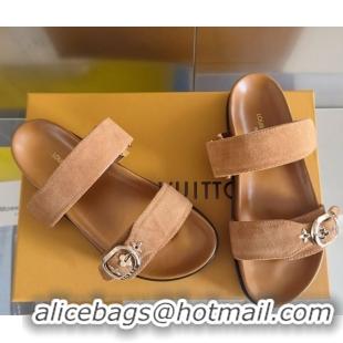 Pretty Style Louis Vuitton Bom Dia Flat Comfort Slides Sandal in Suede with Bloom Buckle Brown 2025 1AGXTN 