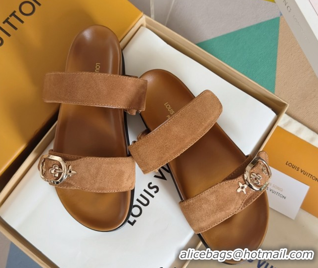Pretty Style Louis Vuitton Bom Dia Flat Comfort Slides Sandal in Suede with Bloom Buckle Brown 2025 1AGXTN 