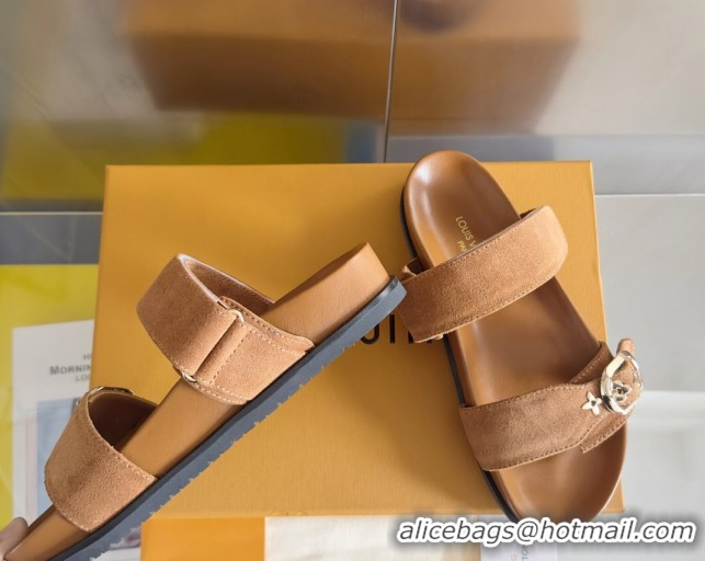 Pretty Style Louis Vuitton Bom Dia Flat Comfort Slides Sandal in Suede with Bloom Buckle Brown 2025 1AGXTN 