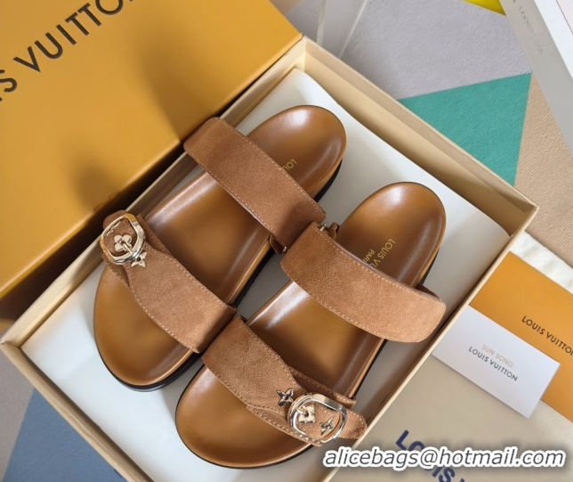 Pretty Style Louis Vuitton Bom Dia Flat Comfort Slides Sandal in Suede with Bloom Buckle Brown 2025 1AGXTN 