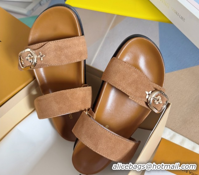Pretty Style Louis Vuitton Bom Dia Flat Comfort Slides Sandal in Suede with Bloom Buckle Brown 2025 1AGXTN 