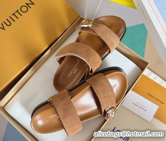 Pretty Style Louis Vuitton Bom Dia Flat Comfort Slides Sandal in Suede with Bloom Buckle Brown 2025 1AGXTN 