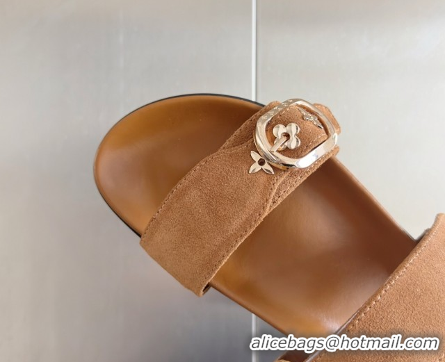 Pretty Style Louis Vuitton Bom Dia Flat Comfort Slides Sandal in Suede with Bloom Buckle Brown 2025 1AGXTN 