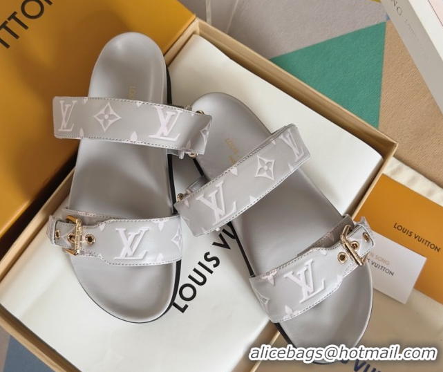 Popular Style Louis Vuitton Bom Dia Flat Comfort Slides Sandal in Leather with Buckle Light Grey 2025 1ABVNC