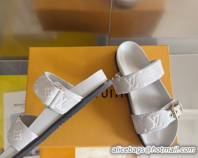 Popular Style Louis Vuitton Bom Dia Flat Comfort Slides Sandal in Leather with Buckle Light Grey 2025 1ABVNC