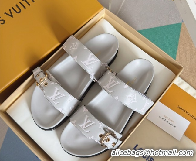 Popular Style Louis Vuitton Bom Dia Flat Comfort Slides Sandal in Leather with Buckle Light Grey 2025 1ABVNC