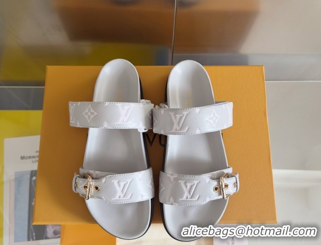 Popular Style Louis Vuitton Bom Dia Flat Comfort Slides Sandal in Leather with Buckle Light Grey 2025 1ABVNC