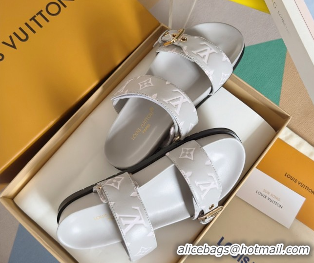 Popular Style Louis Vuitton Bom Dia Flat Comfort Slides Sandal in Leather with Buckle Light Grey 2025 1ABVNC