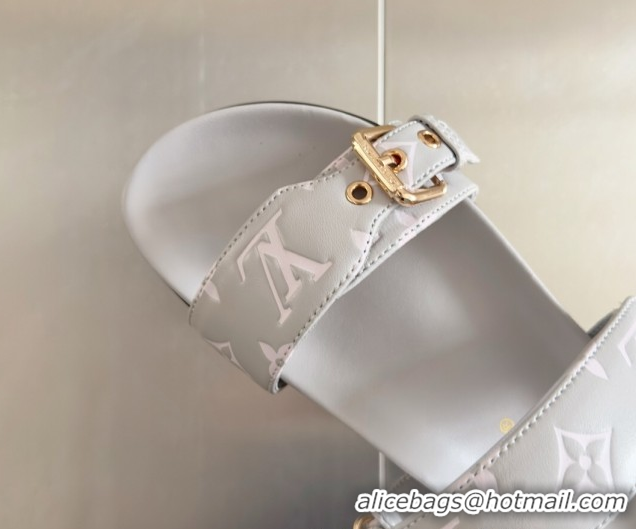 Popular Style Louis Vuitton Bom Dia Flat Comfort Slides Sandal in Leather with Buckle Light Grey 2025 1ABVNC