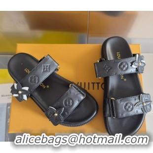 Top Grade Louis Vuitton LV Sunset Flat Comfort Slides Sandal in Perforated Leather with Monogram Flower Black 2025 1AD81