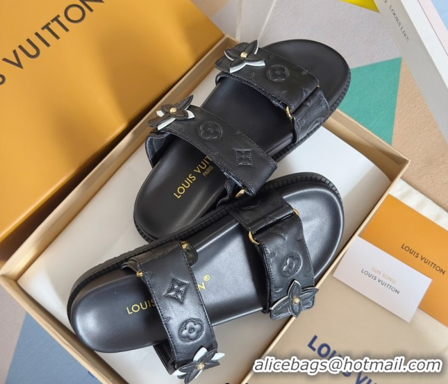 Top Grade Louis Vuitton LV Sunset Flat Comfort Slides Sandal in Perforated Leather with Monogram Flower Black 2025 1AD81